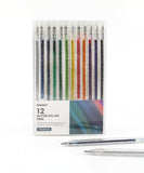 Capped Iridescent Glitter Gel Ink Pen Set Of 12 displaying colorful gel ink pens in a clear glittery case for art and scrapbooking.