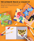 Trace & Color Drawing Kit with markers, vellum designs, and acrylic colors for creative art and coloring projects