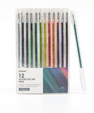 Capped Iridescent Glitter Gel Ink Pen Set Of 12 showcasing vibrant colors in a clear case, perfect for art supplies and scrapbooking.