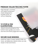 Trace & Color Drawing Kit with premium vellum tracing paper, vibrant illustrations, and secure glue binding for smooth tracing.