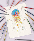 Capped Iridescent Glitter Gel Ink Pen Set Of 12 arranged around colorful jellyfish drawing on paper.