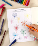 Hand drawing colorful dandelion designs with markers from What To Draw: 30-Day Plant Life Edition Drawing Kit
