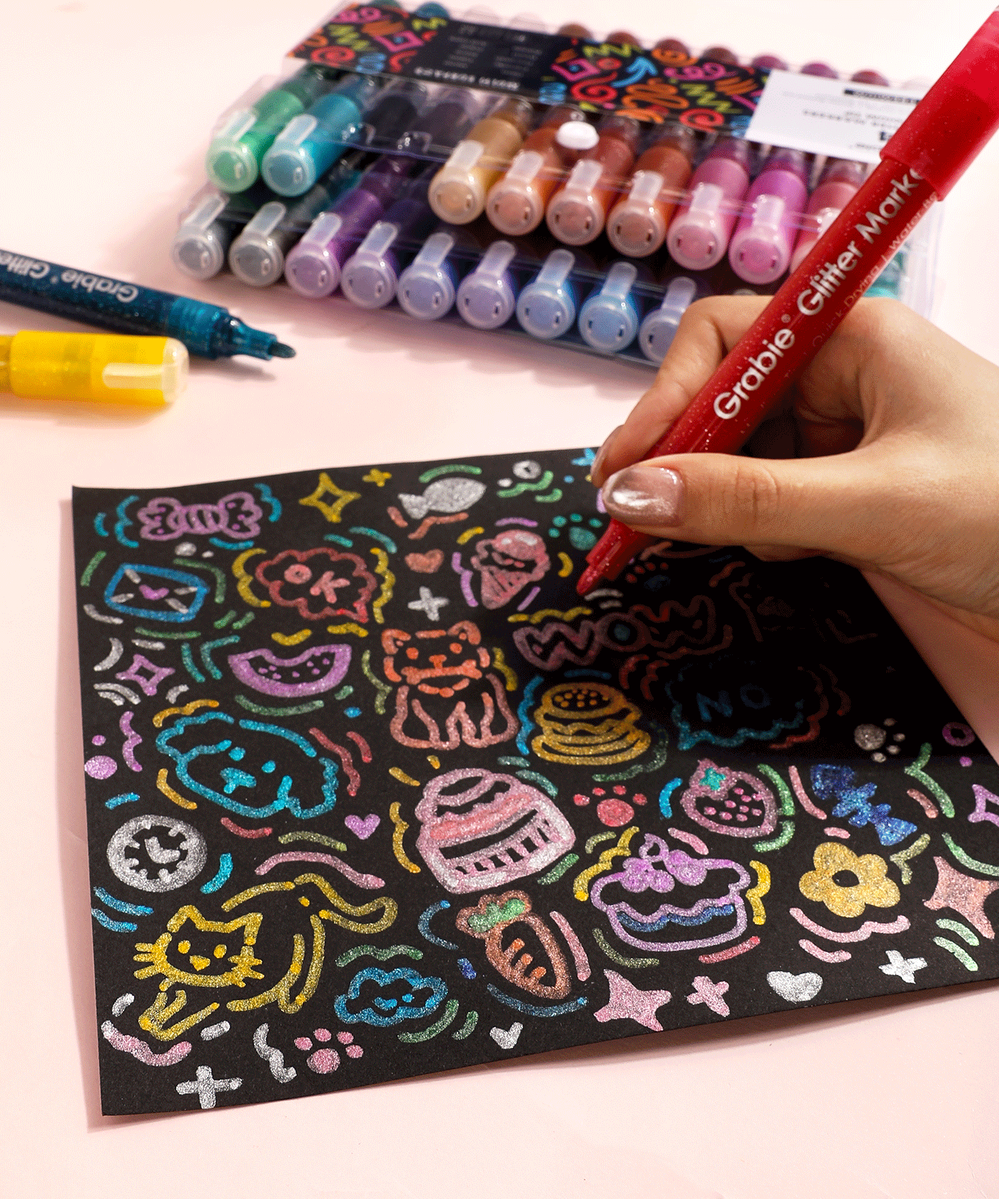 Medium Tip Iridescent Glitter Acrylic Paint Marker Set Of 24 - Acrylic Paint Pens, Glitter Markers, Medium Tip Markers, Best Paint Markers, colouring pens for artists, glitter paint markers, best markers for coloring, Grabie Drawing Supplies