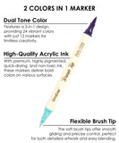 Dual Tone Brush Tip Acrylic Paint Marker Set With Coloring Book showing a dual tip marker with purple and blue brush tips and product features text