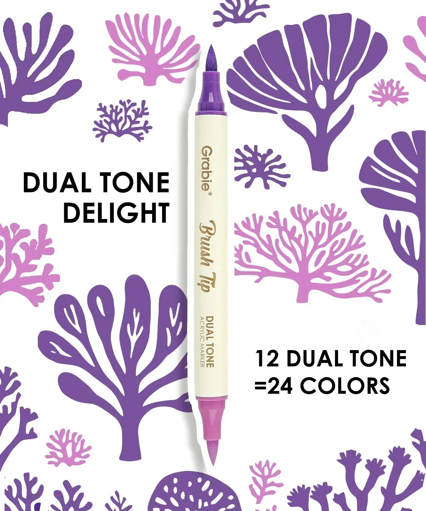 Dual Tone Brush Tip Acrylic Paint Marker Set With Coloring Book featuring purple dual-tip marker with brush and bullet tips