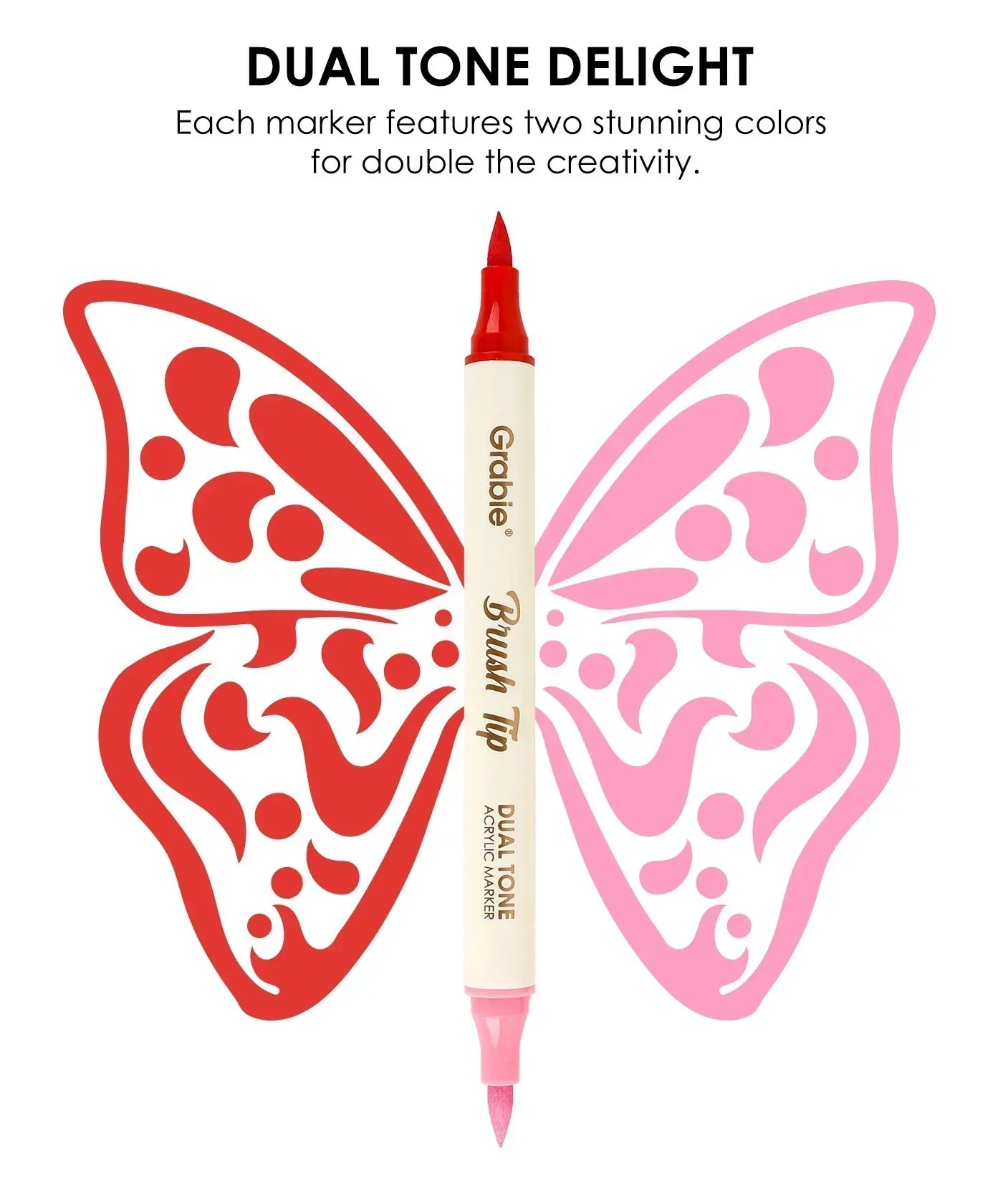 Dual Tone Brush Tip Acrylic Paint Marker Set With Coloring Book showing red and pink butterfly art created with marker.