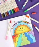 Dual Tone Brush Tip Acrylic Paint Marker Set With Coloring Book showing colorful sun artwork and markers on purple background