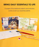 15 Sheets 140LB Essential-Themed Watercolor Coloring Book with brushes and watercolor set on yellow background