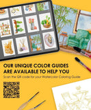 Color guide displayed on tablet alongside brush and watercolor painting for 15 Sheets 140LB Essential-Themed Watercolor Coloring Book