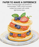 15 Sheets 140LB Essential-Themed Watercolor Coloring Book page showing painted stack of pancakes with berries artwork