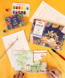 15 Sheets 140LB Essential-Themed Watercolor Coloring Book with brushes, paint set, and watercolor artwork in progress