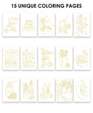 15 Sheets 140LB Essential-Themed Watercolor Coloring Book showing 15 unique line art pages for creative coloring with art supplies