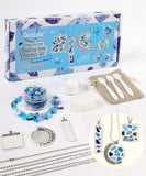 Create Your Own Healing Gem Pendant Kit with blue gem pieces, metal pendants, chains, tools, and resin supplies