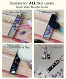 Create Your Own Healing Gem Pendant Kit showing step-by-step gem gluing, paste filling, cleaning, and finished pendants.