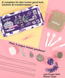 Create Your Own Healing Gem Pendant Kit with mosaic pendants, purple shell chips, tools, and chains for crafting jewelry.