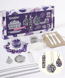 Create Your Own Healing Gem Pendant Kit with purple amethyst shells, chains, pendants, and craft tools for making jewelry.