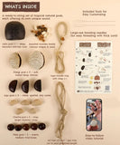 Create Your Own Rain Shell Shaker Kit contents including natural pods, beads, rope handle, needles, and tutorial instructions