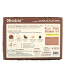 Back of Grabie Create Your Own Rain Shell Shaker Kit packaging showing contents and features for all skill levels