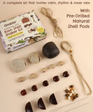 Create Your Own Rain Shell Shaker Kit with natural shell pods, beads, cords, and crafting tools for a soothing rhythm experience