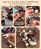 Step-by-step tutorial showing hands assembling shells into a rain shaker using Create Your Own Rain Shell Shaker Kit