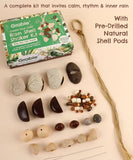 Create Your Own Rain Shell Shaker Kit with natural pre-drilled shell pods, beads, and twine for crafting soothing rain sounds