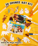 Drop to Puff 3D Sponge Art Kit with animal shapes, markers, and paintbrushes for creative art projects on a yellow background