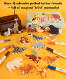 Various colorful puffed animal characters and markers arranged on yellow surface with a book, showcasing Drop to Puff 3D Sponge Art Kit.