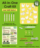 Drop to Puff 3D Sponge Art Kit with vibrant markers, wood-pulp shapes, brush pen, keychain clips, and cords for crafting.