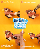 Step-by-step use of Drop to Puff 3D Sponge Art Kit creating a puffed penguin keychain accessory.