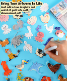 Hand adding color to textured animal shapes with Drop to Puff 3D Sponge Art Kit and art supplies on blue surface