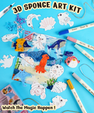 Drop to Puff 3D Sponge Art Kit with colorful sea animal sponges, markers, and creative art supplies on blue background