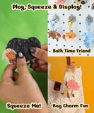 Hands squeezing a colorful sponge toy with fish and aquatic designs from the Drop to Puff 3D Sponge Art Kit