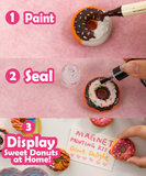 Step-by-step process of using Magnet Painting Kit (DIY Refrigerator Magnet Kit) to paint, seal, and display donut magnets.