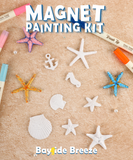 Magnet Painting Kit (DIY Refrigerator Magnet Kit) with starfish, seashell, anchor shapes and colorful markers on canvas background