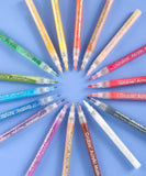 Extra Fine Tip Acrylic Paint Marker Set With Iridescent Glitter Acrylic Paint Marker Set arranged in colorful circle on blue background