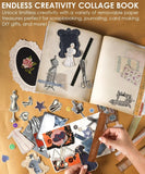 200+ Pages Threads of Time Collage Activity Book open with vintage paper cutouts and crafting tools on a table