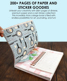 Open 200+ Pages The Flavor Folio Collage Activity Book showing illustrated papers and sticker sheet for creative projects