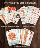 Open display of colorful food-themed paper cutouts, sheets, and stickers for 200+ Pages The Flavor Folio Collage Activity Book